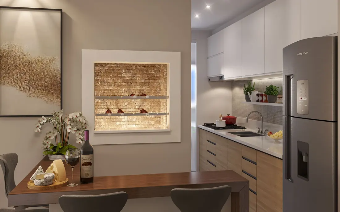 Cozinha com nicho iluminado e acabamento de alto padrão — render oficial